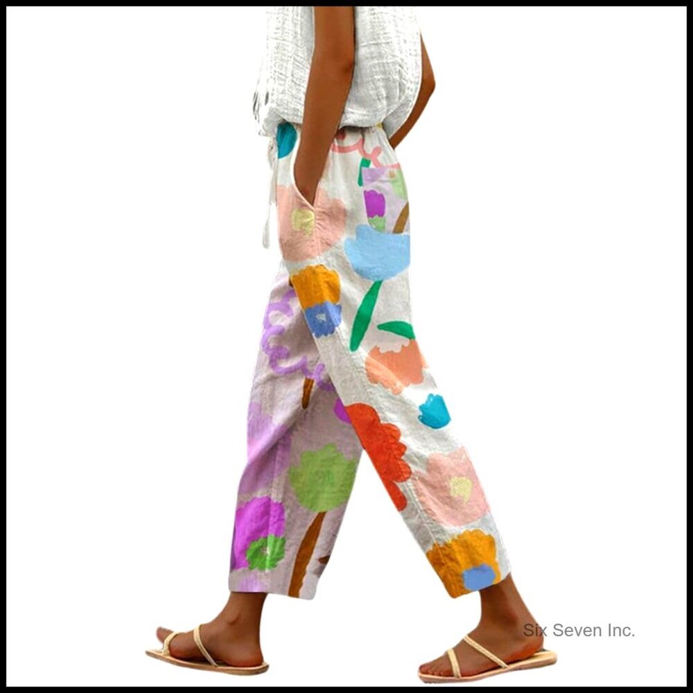 Vintage Floral Print High Waist Wide Leg Capri Pants Retro Chic Beach Lounge